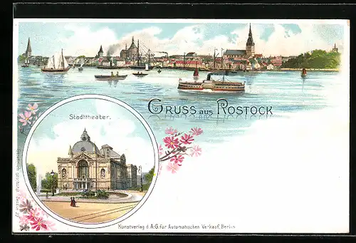 Lithographie Rostock, Stadttheater, Stadtansicht von der Fähre aus