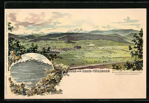 Lithographie Ober-Tüllingen, Blick nach Süden auf den Ort vom Gasthaus zur Schönen Aussicht