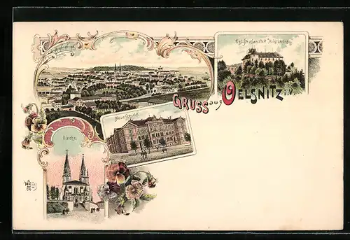 Lithographie Oelsnitz, Totalansicht, Neue Schule, Kgl. Strafanstalt Voigtsberg, Jacobi-Kirche