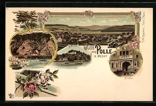 Lithographie Polle a. Weser, Totalansicht, Burgthor, Teufelsmühle, Ruine Polle