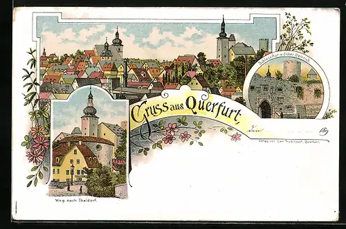 Lithographie Querfurt, Strasse nach Thaldorf, Schlossthor und dicker Heinrich