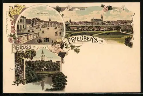 Lithographie Friedberg, Burg, Kaiserstrasse, Panorama