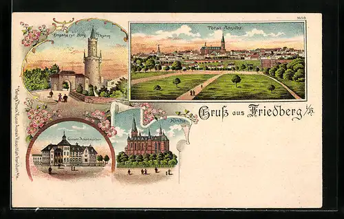 Lithographie Friedberg i. H., Ackerbauschule, Burgturm, Kirche, Totalansicht