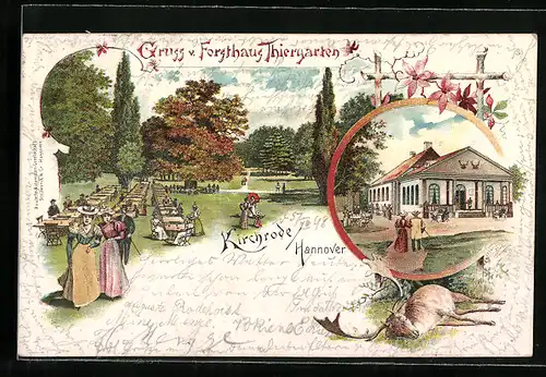 Lithographie Kirchrode /Hannover, Gasthaus Forsthaus Tiergarten, Garten