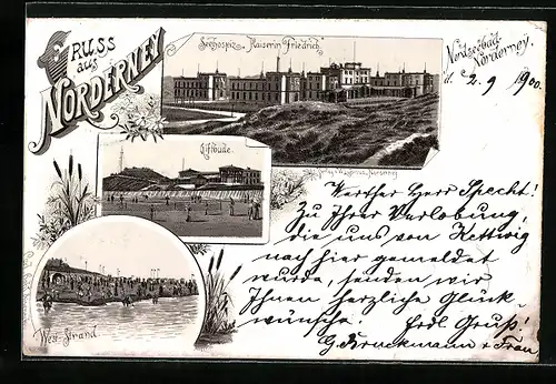 Lithographie Norderney, Seehospiz Kaiserin Friedrich, Giftbude, West-Strand