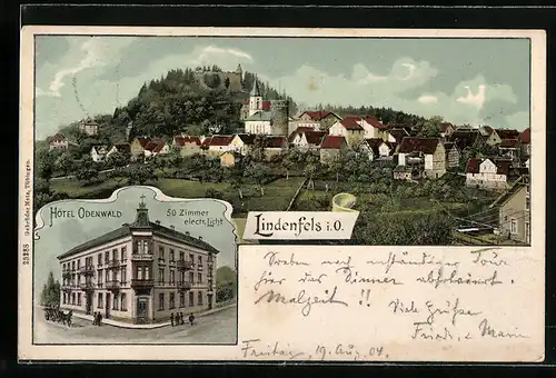 AK Lindenfels i. O., Hotel Odenwald, Teilansicht mit Kirche