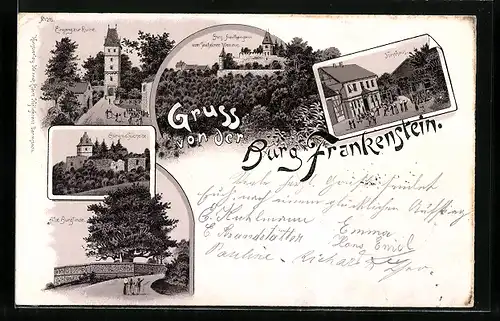Lithographie Mühletal, Burg Frankenstein, Forsthaus, Eingang zur Ruine