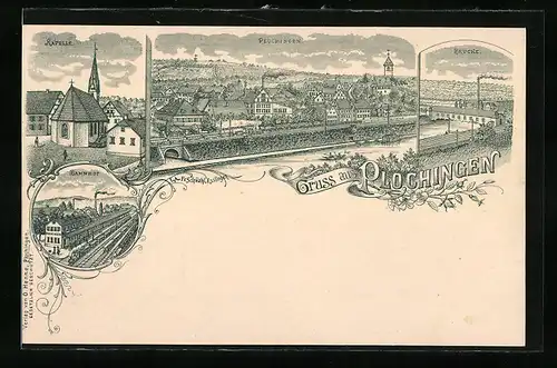 Lithographie Plochingen, Kapelle, Bahnhof, Brücke, Ortsansicht