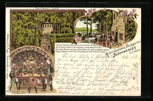 Lithographie Bodenwerder /Weser, Gasthaus Münchhausens Berggarten, Münchhausen am Stammtisch, Münchhausen-Grotte