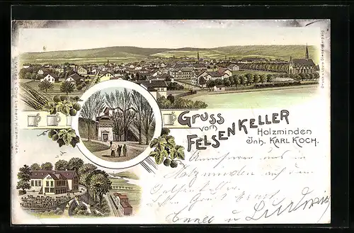 Lithographie Holzminden, Gasthaus Felsenkeller K. Koch mit Terrasse und Umgebung, Gesamtansicht aus der Vogelschau