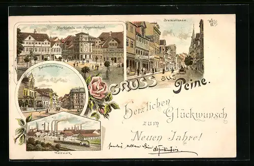 Lithographie Peine, Walzwerk, Markplatz und Kriegerdenkmal, Bahnhofstrasse