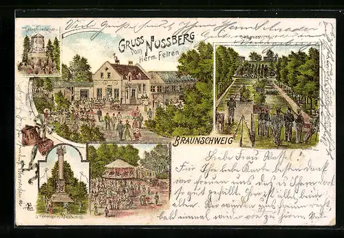 Lithographie Braunschweig, Gasthaus Nussberg H. Felten mit Garten, Schiessstand, Denkmäler, Karussell