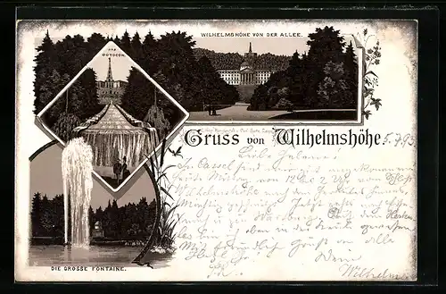 Lithographie Kassel, Wilhelmshöhe von der Allee, Octocon, Grosse Fontaine