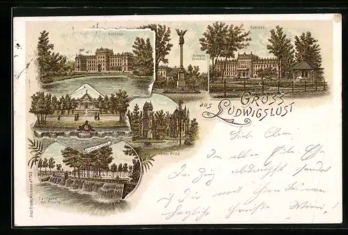 Lithographie Ludwigslust, Schloss, Kriegerdenkmal, Kirche und Cascaden