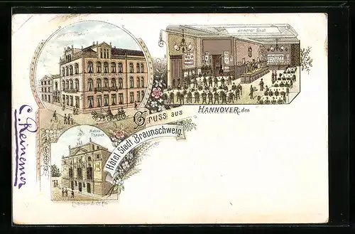 Lithographie Hannover, Hotel Stadt Braunschweig mit Strasse und Saal, Mellini-Theater