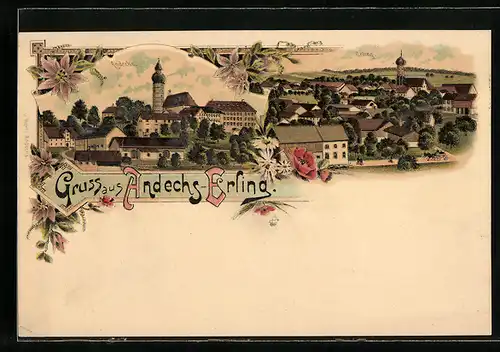 Lithographie Andechs-Erling, Sicht über den Ort