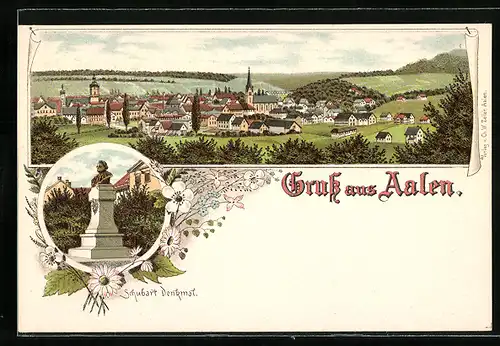 Lithographie Aalen, Totalansicht, Schubart Denkmal