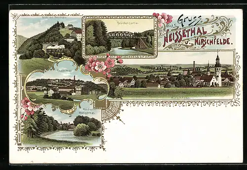 Lithographie Hirschfelde, Ortsansicht, Brücke über die Neisse, Station Rohnau