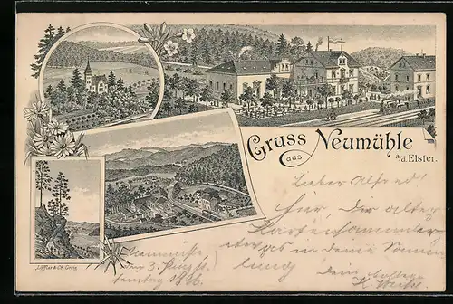 Lithographie Neumühle /Elster, Gasthof mit Garten und Eisenbahn, Arbeiter beim Streckenbau, Ortsansicht von oben