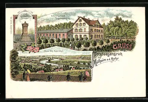 Lithographie Mülheim a. d. Ruhr, Erholungshaus Tersteegensruh mit Denkmal, Panorama vom Ruhrtal