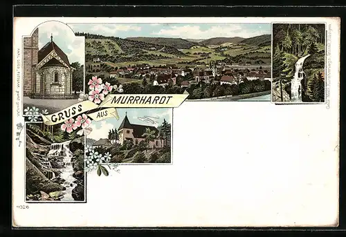 Lithographie Murrhardt, Walterichskirche, Wasserfall, Ortsansicht