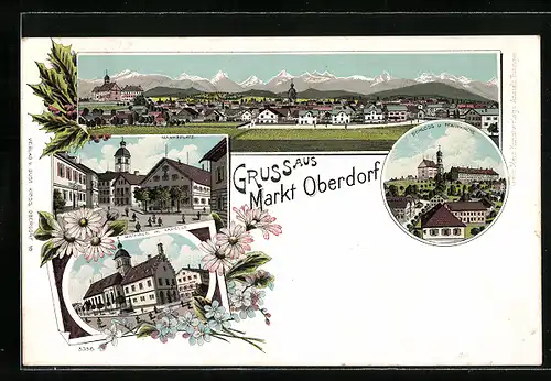Lithographie Markt Oberdorf, Schloss u. Pfarrkirche, Marktplatz, Rathaus m. Kapelle, Ortsansicht