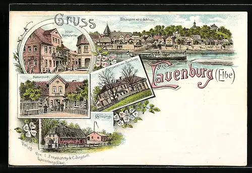 Lithographie Lauenburg / Elbe, Hotel Rathskeller, Hohnstorf, Gasthaus Biergarten zur Maxburg