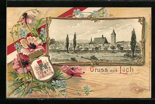 Passepartout-Lithographie Lich, Panorama vom Wasser gesehen, Wappen, Mohnblumen und Vergissmeinnicht