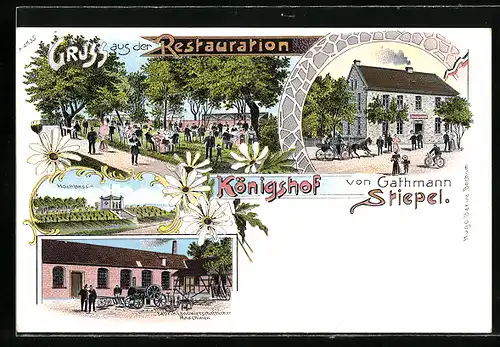 Lithographie Stiepel, Restaurant Königshof, Hochbassin, Fabrik Landwirtschaftlicher Maschinen Gathmann