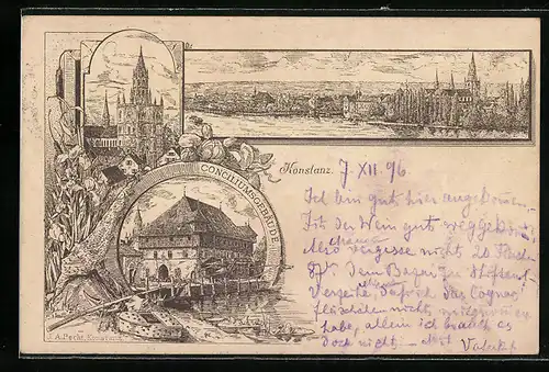 Lithographie Konstanz, Conciliumsgebäude, Panorama