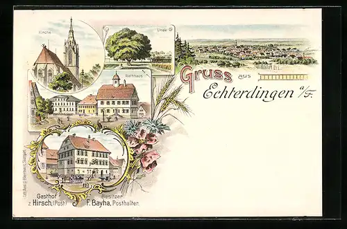 Lithographie Echterdingen, Totalansicht, Kirche, Rathaus, Gasthaus zum Hirsch