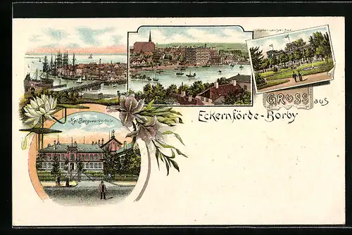 Lithographie Eckernförde-Borby, Hotel Marien-Louisen-Bad, Kgl. Baugewerkschule