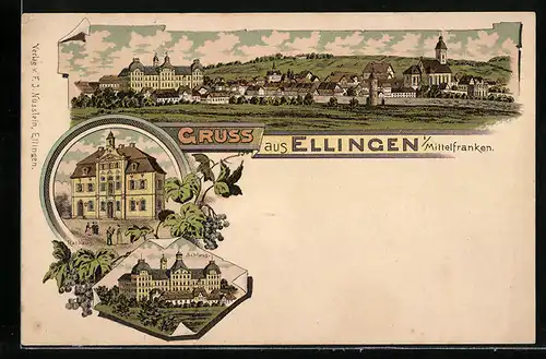 Lithographie Ellingen /Mittelfranken, Rathaus, Schloss, Ortsansicht