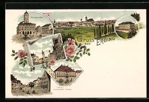 Lithographie Erding, Schrannenplatz, Landshuter Thor, Lange Zeile