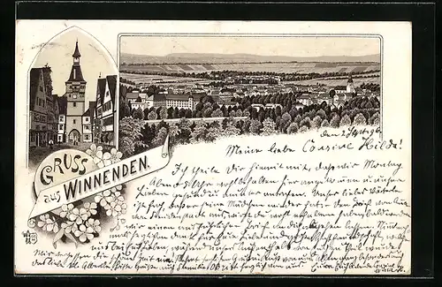 Lithographie Winnenden, Strassenpartie mit Torturm, Ortsansicht mit Fernblick aus der Vogelschau