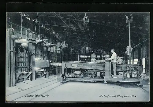 AK Peine, Walzwerk, Arbeiter am Martinofen mit Chargiermaschine