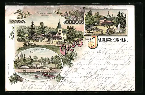 Lithographie Jaegersbronnen, Totalansicht mit Gartenpartie