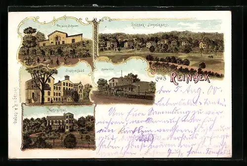 Lithographie Reinbek, Pension Scherer, Sophienbad, Bahnhof