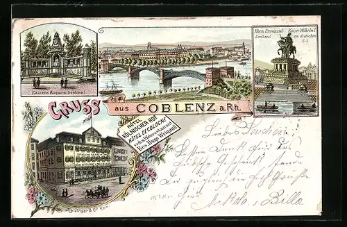 Lithographie Coblenz a. Rh., Hotel Kölnischer Hof H. Weigand, Kaiserin-Augusta-Denkmal, Rheinbrücke mit Stadtansicht