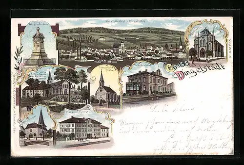 Lithographie Dingelstädt, St. Joseph-Institut, Krankenhaus, Kirche, Totalansicht