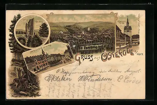 Lithographie Osterode a. H., Markt mit der neuen Post, Aegidienkirche, Alte Burg, Ortsansicht aus der Vogelschau