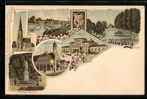 Lithographie Nienburg, Weserbrücke, Rathaus, Bahnhof