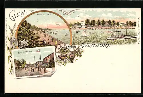 Lithographie Niendorf, Strandpartie und Strandstrasse