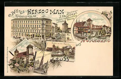 Lithographie Nürnberg, Hotel Herzog Max Königsstrasse 63, Kaiser-Stallung, Schöner Brunnen