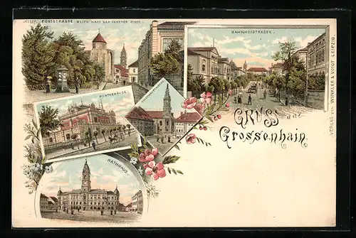 Lithographie Grossenhain, die belebte Bahnhofstrasse u. Poststrasse, Rathaus, Postgebäude