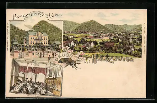 Lithographie Harzburg, Bockmann`s Hotel, Speise-Saal des Hotels, Gesamtansicht des Ortes