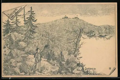 Lithographie Inselsberg, Ortsansicht mit Wanderer der grüssend den Hut schwingt