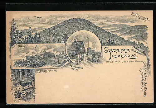 Lithographie Inselberg, Gothaisches Hotel, Preussisches Gasthaus, Blick von Tanzbuche