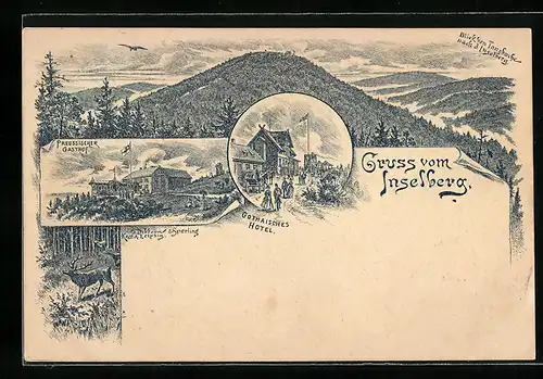 Vorläufer-Lithographie Inselberg, 1893, Gothaisches Hotel, Preussischer Gasthof, Hirsch