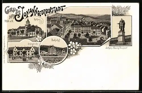 Lithographie Johanngeorgenstadt, Bahnhof, Amtsgericht, Rathaus